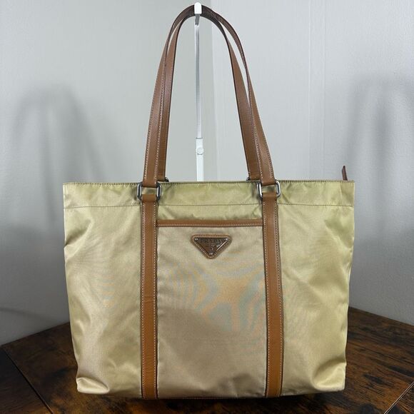 Prada Vintage Tessuto Nylon Saffiano Leather Tote Bag Beige - Picture 1 of 16